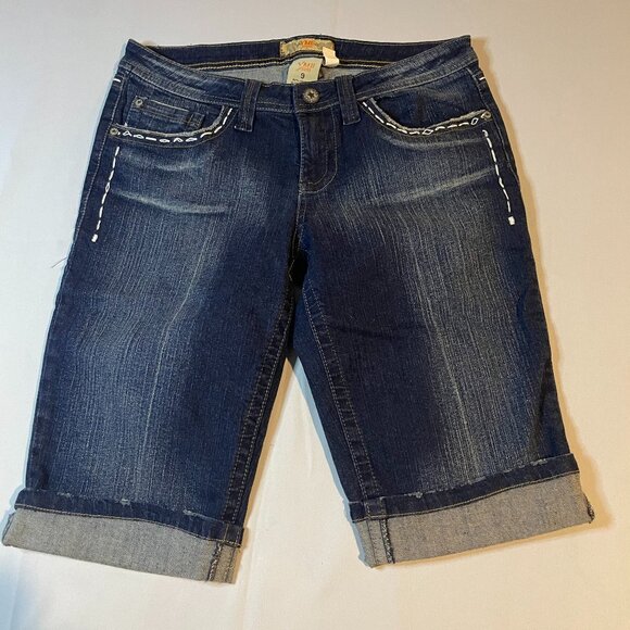 YMI Jeans Shorts Womens Juniors 9 Blue Dark Wash Denim Cuffed Bermuda Casual - Picture 1 of 4